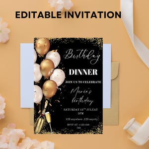 Digital Birthday Dinner Invitation Template, Black Tie Glam Invite, Animated Black Golden Diamond Evite For Men & Women, Self Editable eCard