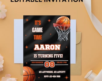 May include: Basketball-themed invitation with the text "EDITABLE INVITATION". The invitation features a basketball, hoop, and the words "IT'S GAME TIME AARON IS TURNING FIVE!" with the date and time. Includes address and RSVP information.