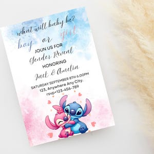 Stitch Gender Reveal Invitation: Pink & Blue, Editable Canva Template image 7