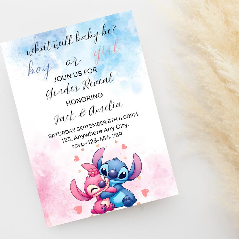 Stitch Gender Reveal Invitation: Pink & Blue, Editable Canva Template image 7