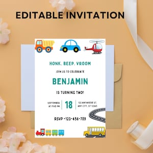Transportation Birthday Invitation: Cars, Trucks, and Airplanes (Editable Downloadable Template)