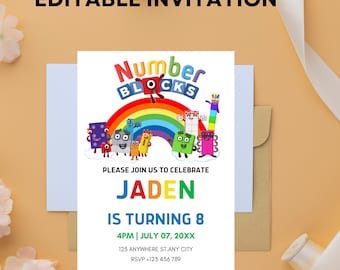 Faire-part d'anniversaire modifiable avec des blocs numériques : invitation à une fête d'enfants imprimable (téléchargement numérique)