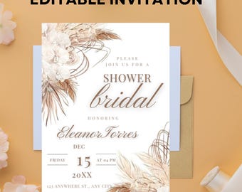 Editable Boho Bridal Shower Invitation, Pampas, Boho Floral, Printable or Text Invite