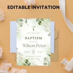 Editable Greenery Gold Baptism Invitation, Eucalyptus Baptism Invitation Template, Baptism Invite, Christening Invitation,