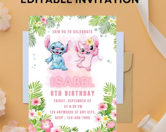 Stitch and Angel födelsedagsinbjudan: Redigerbar festinbjudan (digital)