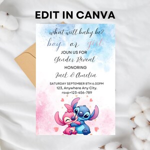 May include: A gender reveal invitation with a blue and pink watercolor background. The invitation features Stitch and Angel from the Disney movie Lilo & Stitch. The text on the invitation reads "what will baby be? boy or girl? Join us for Gender Reveal Honoring Jack & Amelia Saturday September 8th 6:00PM 123, Anywhere Any City. rsvp+123-456-789"