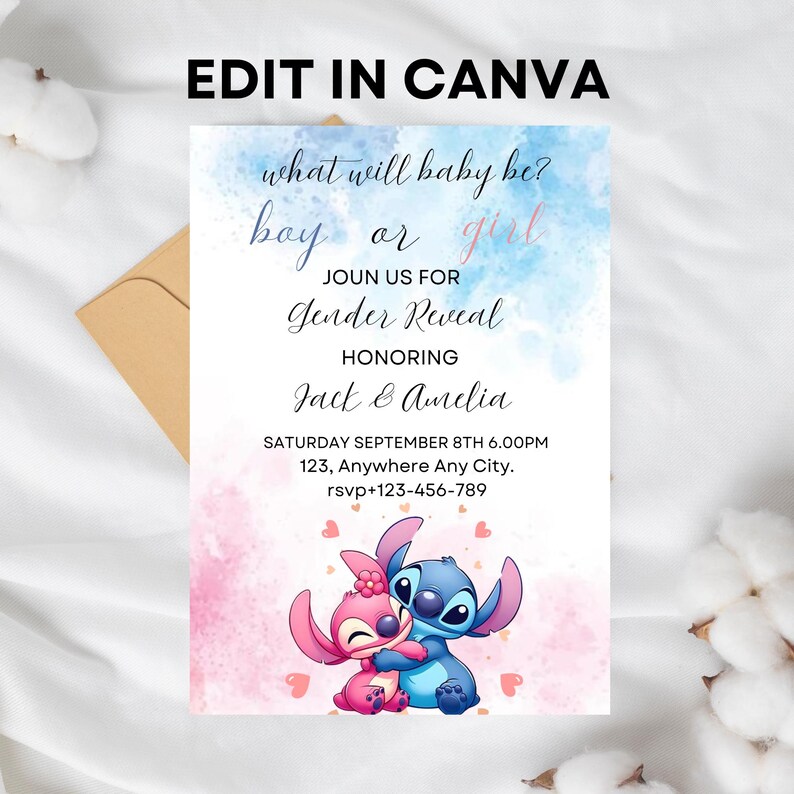 May include: A gender reveal invitation with a blue and pink watercolor background. The invitation features Stitch and Angel from the Disney movie Lilo & Stitch. The text on the invitation reads "what will baby be? boy or girl? Join us for Gender Reveal Honoring Jack & Amelia Saturday September 8th 6:00PM 123, Anywhere Any City. rsvp+123-456-789"