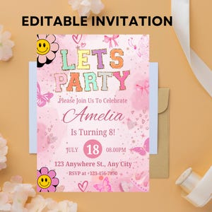Patch Letter Invitation, Girl Birthday Invitation, Varsity Patch Party, Preppy Invitation, Editable Canva invitation