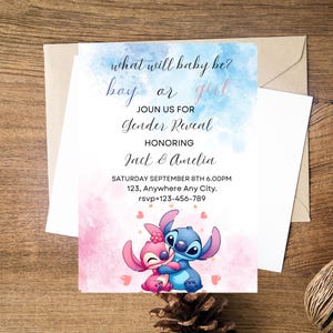 May include: A gender reveal party invitation featuring Stitch and Angel from the Disney movie Lilo & Stitch. The invitation is blue and pink with a watercolor background. The text reads "What will baby be? Boy or Girl? Join us for Gender Reveal Honoring Jack & Amelia Saturday September 8th 6:00PM 123, Anywhere Any City. rsvp+123-456-789"