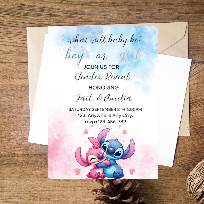 May include: A gender reveal party invitation featuring Stitch and Angel from the Disney movie Lilo & Stitch. The invitation is blue and pink with a watercolor background. The text reads "What will baby be? Boy or Girl? Join us for Gender Reveal Honoring Jack & Amelia Saturday September 8th 6:00PM 123, Anywhere Any City. rsvp+123-456-789"
