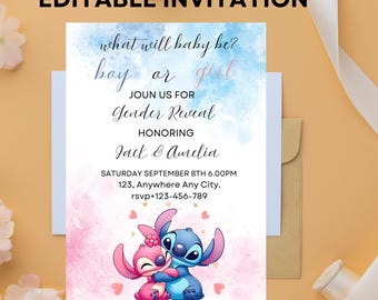 Editable Stitch Gender Reveal Invitation Template, Printable Pink Blue Stitch Baby Shower Invites, Angel Stitch Gender Reveal Evites Canva