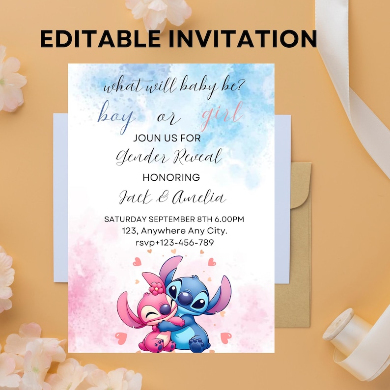 May include: A gender reveal party invitation featuring Stitch and Angel from the Disney movie Lilo & Stitch. The invitation is blue and pink with a watercolor effect. The text reads "what will baby be? boy or girl? Join us for Gender Reveal Honoring Jack & Amelia Saturday September 8th 6:00PM 123, Anywhere Any City. rsvp+123-456-789"