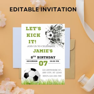 Modèle d'invitation d'anniversaire de football modifiable, invitation de football, invitation de football pour enfants, téléchargement immédiat, toile. Invitation Let's Kick it Soccer