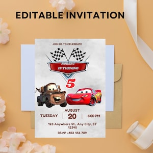 Lightning McQueen Birthday Invitation: Cars Movie Theme (5x7 Editable Template)