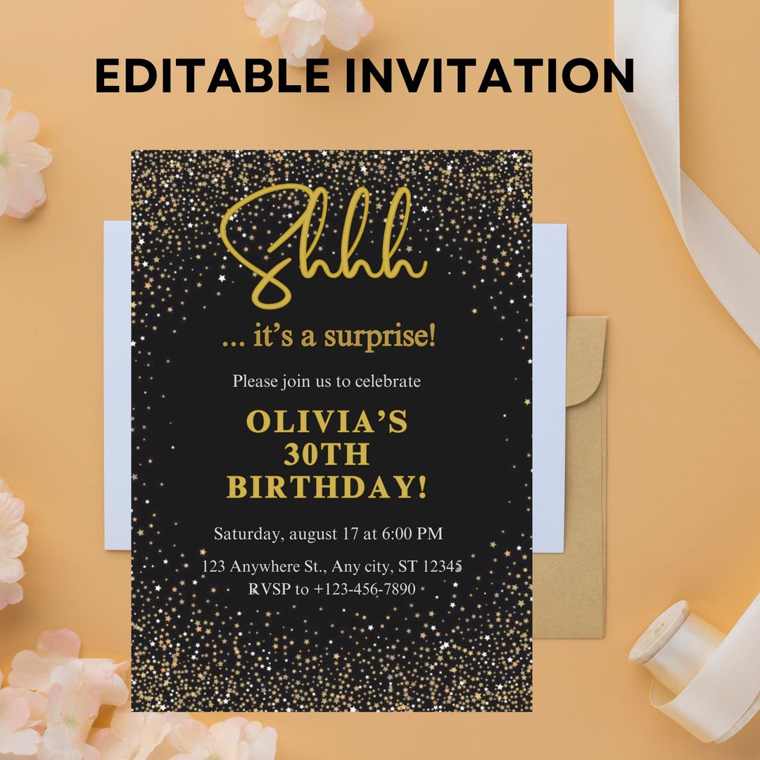 Black and Gold Glitter Birthday Invitation: Editable Canva Template ...