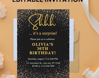 Schwarz und Gold Glitter Geburtstagseinladung: Bearbeitbare Canva Vorlage (Digitale Einladung)