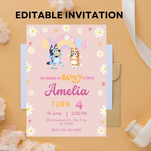 Bluey Geburtstagseinladung. Geburtstagseinladung, Geburtstagsparty einladen, Bluey-Geburtstagsfeier einladen, Bday Party einladen, Canva Editable