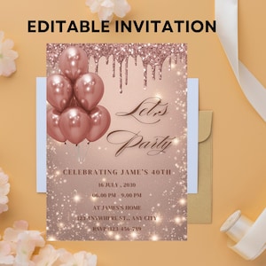 Rose Gold Invitation Template Rose Gold Birthday Invitation 40Th, Rose Gold Birthday Invitation 50Th editable invitation