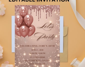 Rose Gold Birthday Invitation Template: Editable Party Invite