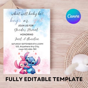 May include: A gender reveal party invitation with a blue and pink watercolor background. The invitation features Stitch and Angel from the Disney movie Lilo & Stitch. The text on the invitation reads "What will baby be? Boy or Girl? Join us for Gender Reveal Honoring Jack & Amelia Saturday September 8th 6:00PM 123, Anywhere Any City. rsvp+123-456-789"