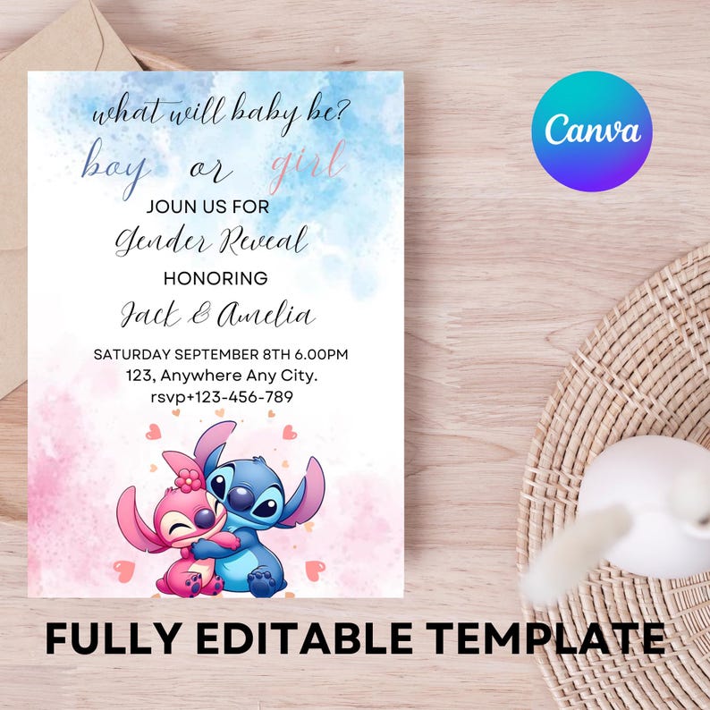 May include: A gender reveal party invitation with a blue and pink watercolor background. The invitation features Stitch and Angel from the Disney movie Lilo & Stitch. The text on the invitation reads "What will baby be? Boy or Girl? Join us for Gender Reveal Honoring Jack & Amelia Saturday September 8th 6:00PM 123, Anywhere Any City. rsvp+123-456-789"