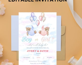 Editable Teddy Bear Gender Reveal Invitation: Boho Watercolor (Canva Template, Digital Download)