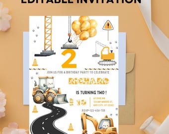 May include: A birthday party invitation with a construction theme. The invitation features a yellow number 2, construction vehicles, and the text "EDITABLE INVITATION". The invitation also includes the name "RICHARD" and RSVP information.