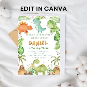 Dinosaur Birthday Invitation, Editable Three Rex Birthday Invite, Boys Third Birthday Dino Party, Three-Rex On The Loose,