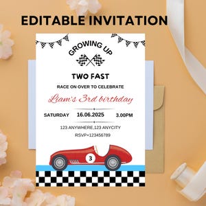 TWEE snelle verjaardagsuitnodiging vintage raceauto verjaardag twee snelle verjaardagsuitnodiging retro raceauto verjaardag bewerkbare digitale downloaduitnodiging