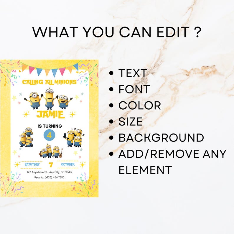 Puede incluir: Una invitaci&oacute;n de cumplea&ntilde;os amarilla y azul con los personajes de los Minions. La invitaci&oacute;n dice "Calling all Minions" y "Jamie cumple 4 a&ntilde;os".
