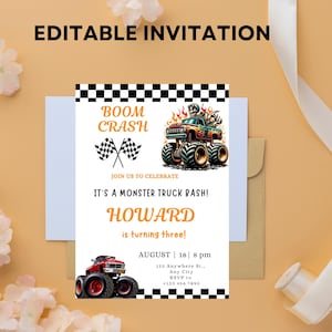 Monster Truck Birthday Invitation: Editable Canva Template (Digital Download