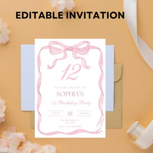 Coquette Pink 12th Birthday Invitation Girl Pink Bow Mobile 12th Birthday Invite Fancy Birthday Invitations Twelfth Sleepover Invitation