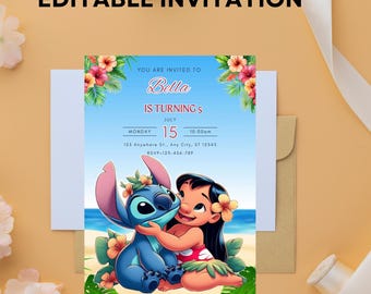 Invitación de cumpleaños de Lilo y Stitch: Invitación editable para fiesta hawaiana (Plantilla Canva de 13 x 18 cm)