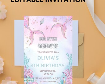 Little Mermaid Birthday Invitation: Ariel Watercolor Party, Editable Template
