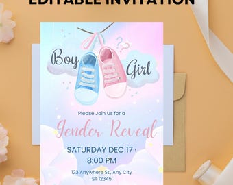Cute Gender Reveal Invitation, Boy or Girl, Canva Editable (Digital)