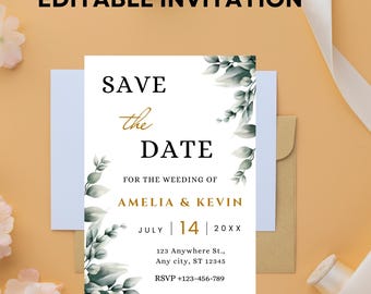 Può includere: Un invito di nozze con la scritta "Save the Date" in nero e oro. L'invito include i nomi Amelia & Kevin, la data 14 luglio e un numero RSVP. Il design presenta accenti di foglie verdi e grigie.