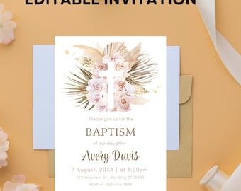 Op de afbeelding: Een doopuitnodiging met de tekst "EDITABLE INVITATION" bovenaan. De uitnodiging heeft een bloemenontwerp met een kruis en de tekst "Please join us for the BAPTISM of our daughter Avery Davis".