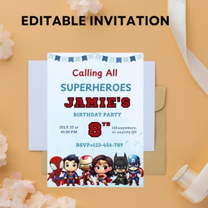 Modelo editável de convite de aniversário de super-herói, convite digital de super-herói dos Vingadores, cartão de convite de super-herói para download instantâneo