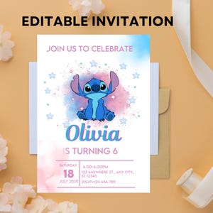 Bearbeitbare Stitch-Geburtstagseinladungsvorlage, druckbare Einladungen zur Geburtstagsfeier, digitale Kinderparty-Einladung Jungen- und Mädchen-Geburtstagskarte Evite
