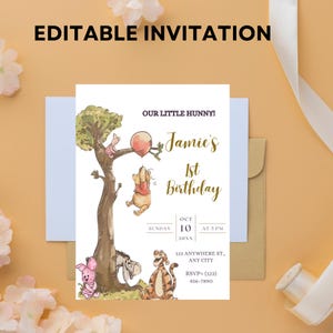 Classic Winnie the Pooh Birthday Invitation Template (Canva Editable)