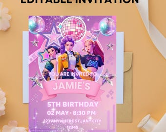 Invitación de cumpleaños de Cazadores de Demonios Kpop, plantilla editable de Canva, invitación de Huntrix, descarga digital de invitaciones K-pop