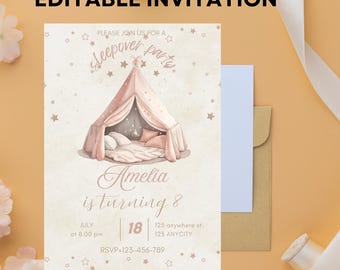 Sleepover Birthday Invitation Set: Minimalist Slumber Party, Glamping Tent (Digital Download, Editable Canva Template)