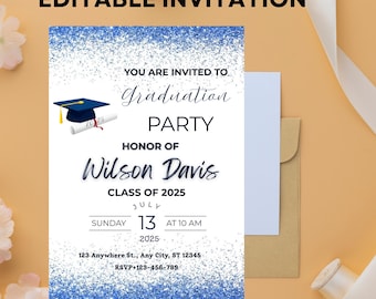 May include: A graduation party invitation with a blue and white design. The invitation includes the text "EDITABLE INVITATION", "Graduation PARTY", "Wilson Davis", and event details. A graduation cap graphic is also included.