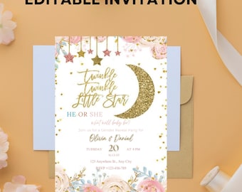 Twinkle Star Gender Reveal Invitation Template: Pink & Blue Moon (Digital Download)