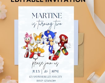 May include: Editable invitation for a birthday party with a Sonic the Hedgehog theme. The invitation features the characters Sonic, Tails, Knuckles, and Amy Rose. The text on the invitation reads "MARTINE is turning two" and includes the date, time, and location of the party.