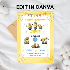 Puede incluir: Una invitaci&oacute;n de cumplea&ntilde;os amarilla y azul con los personajes de los Minions de la franquicia Despicable Me. La invitaci&oacute;n dice "Calling all Minions" y "Jamie cumple 4 a&ntilde;os". Incluye la fecha, s&aacute;bado 7 de octubre, y una direcci&oacute;n e informaci&oacute;n de RSVP.