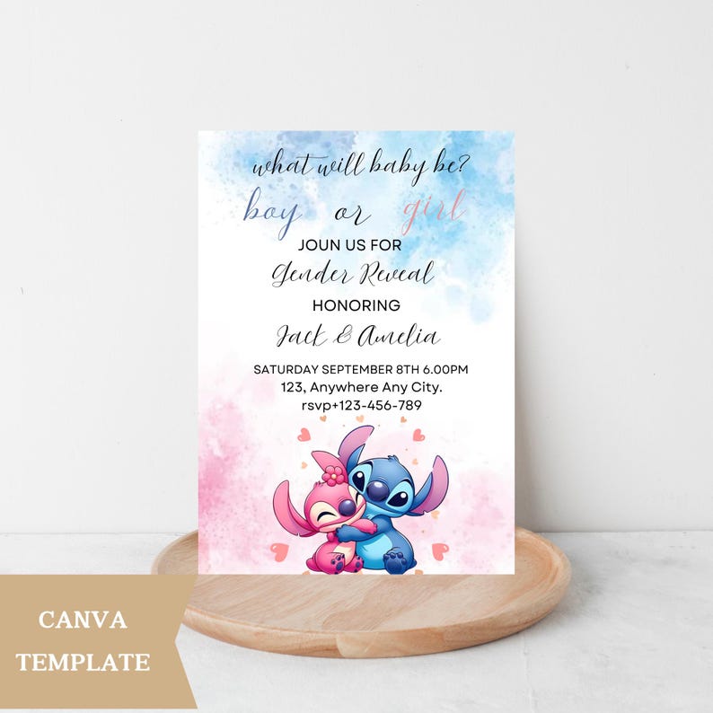 May include: A gender reveal party invitation featuring Stitch and Angel from the Disney movie Lilo & Stitch. The invitation is on a blue and pink watercolor background with the text "what will baby be? boy or girl" and "Join us for Gender Reveal honoring Jack & Amelia".