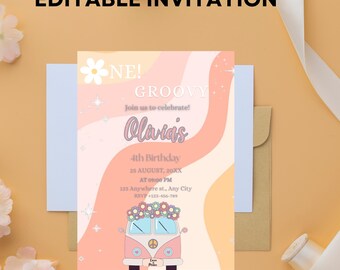 Dos geniales invitaciones de cumpleaños: Chica retro para su segundo cumpleaños, plantilla editable de Canva (descarga digital)