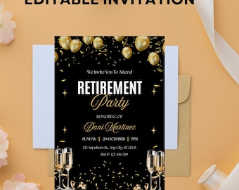 Elegant Retirement Party Invitation Template: Black, White, and Gold (Editable Canva Template)
