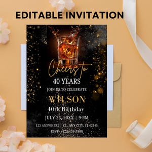 Whiskey Birthday Invitation, Surprise Party Adult, 30th 40th 50th Any Age, Cognac Scotch Liquor, Canva Editable Adult Men Birthday Invite